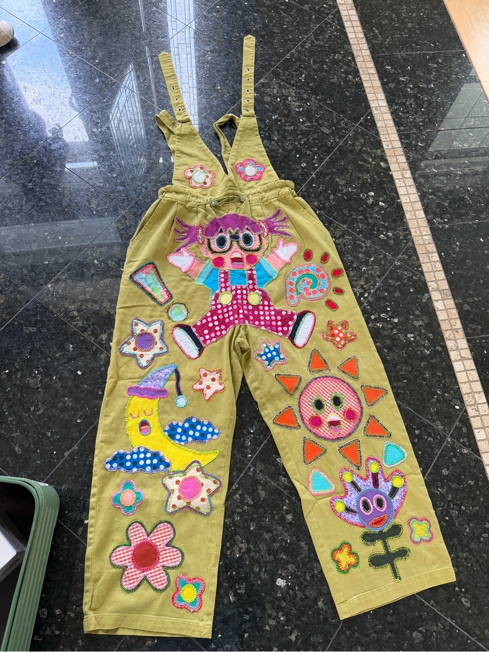 Handmade in Tailand pants Olive Green Overalls with Colorful Patchwork